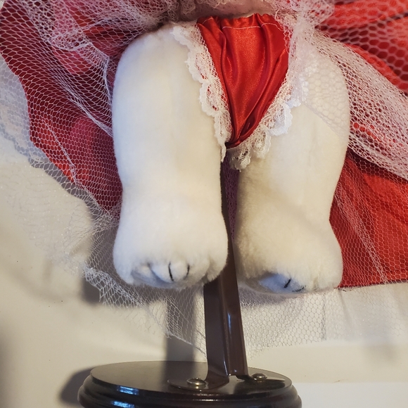 Vintage Teddy Bear On Stand w Satin & Lace Dress & Hat 15"H Great Condition - Picture 12 of 12
